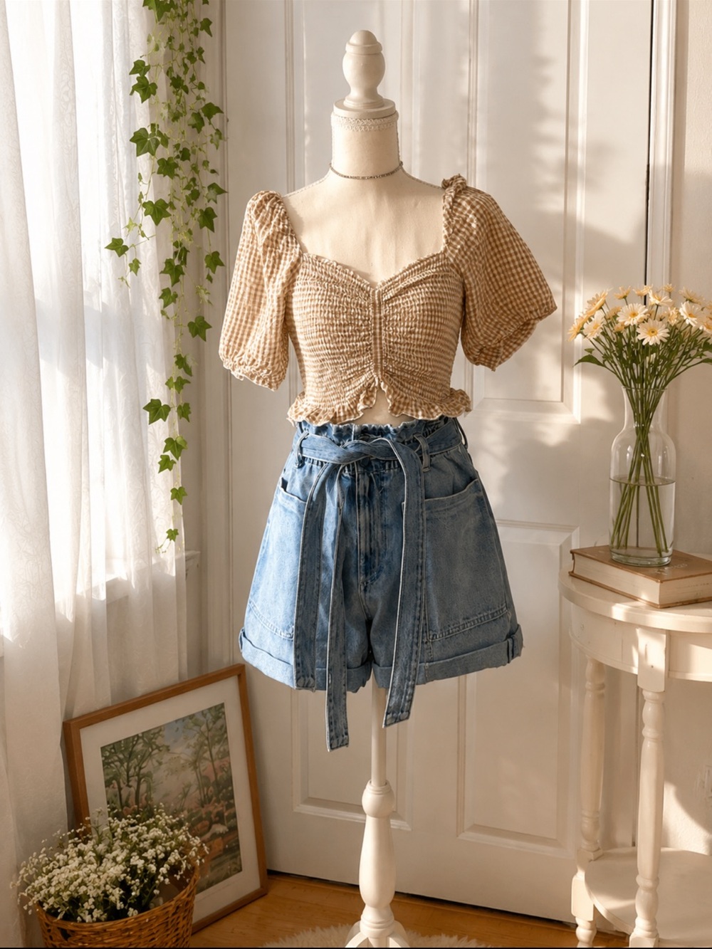 Zara Light Blue High-Waist Paperbag Denim Shorts with belt